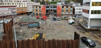 Construction vehicles sit idle at Sealaska Heritage Institute's arts campus construction site in downtown Juneau on Oct. 5, 2020.