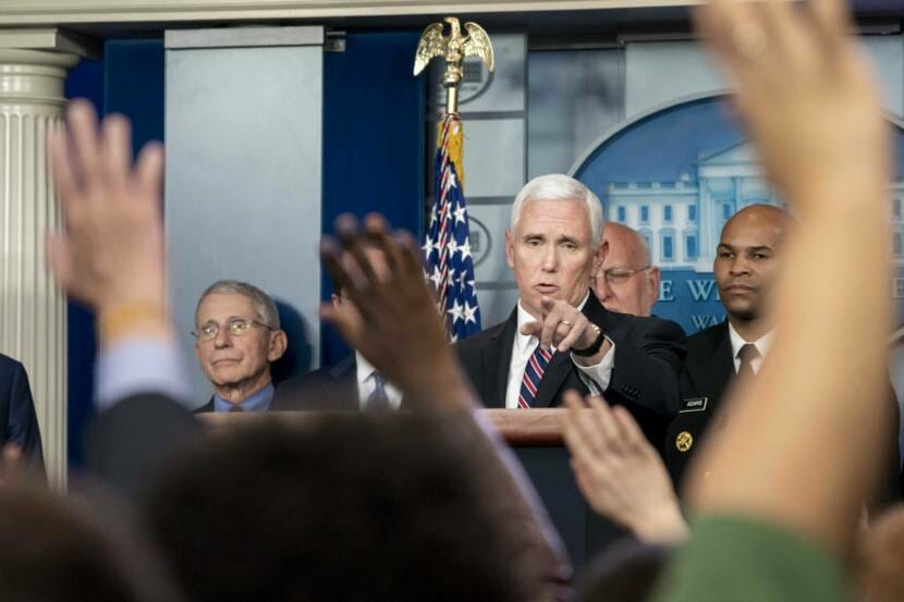 Vice President Mike Pence, joined by members of the White House Coronavirus Taskforce, gestures to a reporter as he takes questions during a coronavirus update briefing Monday, March 9, 2020, in the James S. Brady Press Briefing Room of the White House. (Official White House Photo by D. Myles Cullen)