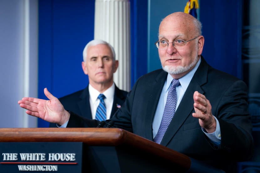 Dr. Robert R. Redfield, director of the Centers for Disease Control and Prevention, joined by Vice President Mike Pence and members of the White House Coronavirus Taskforce, addresses his remarks at a coronavirus update briefing Friday, April 3, 2020, in the James S. Brady Press Briefing Room of the White House. (Official White House Photo by Tia Dufour)
