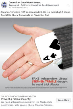 A screenshot of a Facebook advertisement showing a hand with an ace of spades playing card, and text above the image that reads "Stephen Trimble is not an independent. He is a typical AOC liberal. Say no to liberal democrats on Novemeber 3rd."