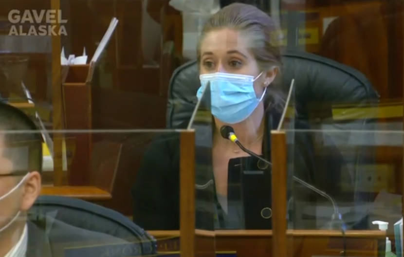 Rep. Sara Rasmussen, R-Anchorage, apologizes during a House floor session on April 7, 2021, in the Alaska State Capitol in Juneau, Alaska. Her apology was for allowing members of the public barred from the Capitol complex due to pandemic safety rules to enter the Terry Miller Legislative Legislative Office Building for a social gathering last week. (Gavel Alaska screen capture)
