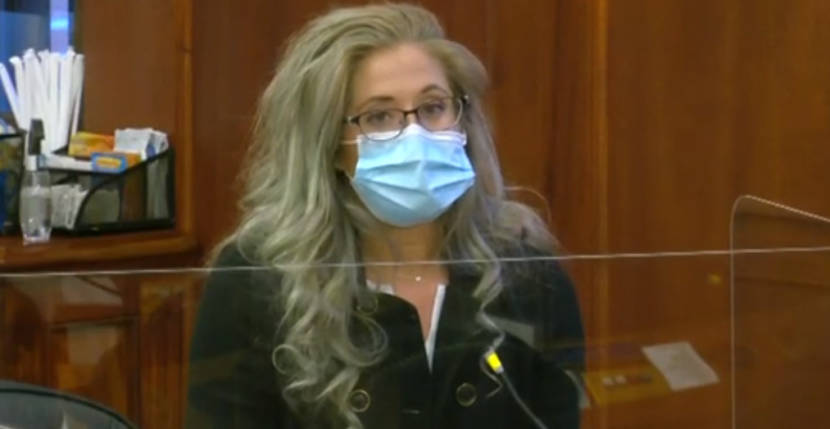 Rep. Sara Rasmussen, R-Anchorage, speaks in favor of an amendment she proposed on April 21, 2021, in the Alaska State Capitol in Juneau, Alaska. The amendment would commit the Legislature to fund public education for the school year starting in 2022, a year ahead of time. (Gavel Alaska screen capture)