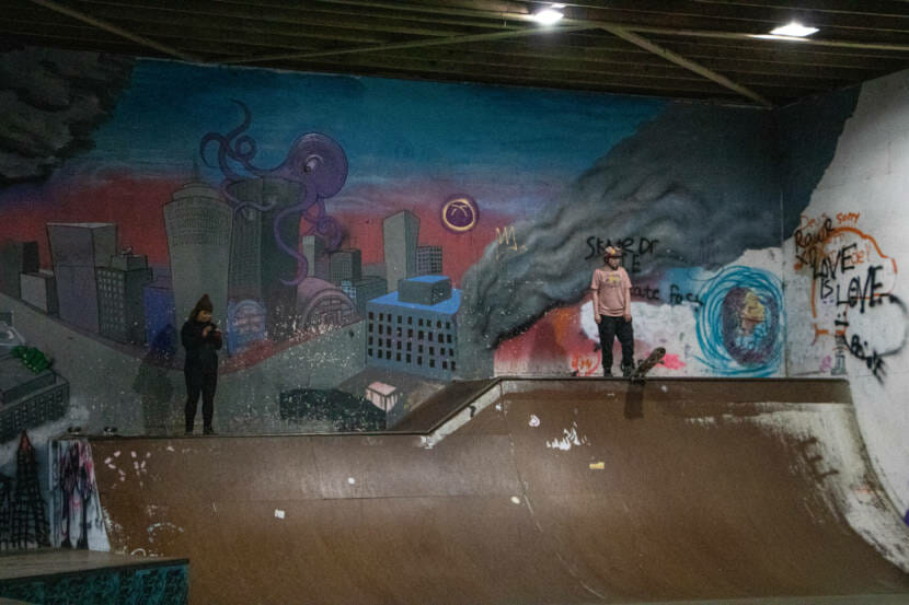 Skateboarders skate at the first women and trans skateboarding session in Juneau, Alaska
