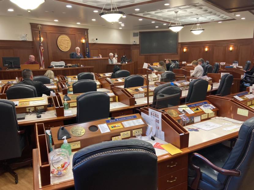 Alaska House Speaker Louise Stutes, R-Kodiak, in front, presides over a nearly empty chamber on the last day of the special session. There was a brief technical floor session. Gov. Mike Dunleavy has called the Legislature into another special session starting on Wednesday. (Photo by Andrew Kitchenman/KTOO and Alaska Public Media)