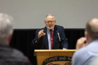 U.S. Rep. Don Young, R-Alaska, talks during a Juneau Chamber of Commerce lunch on June 10, 2021, at the Elizabeth Peratrovich Hall in Juneau, Alaska. It is the chamber's first in-person lunch in about 15 months. (Photo by Rashah McChesney/KTOO)