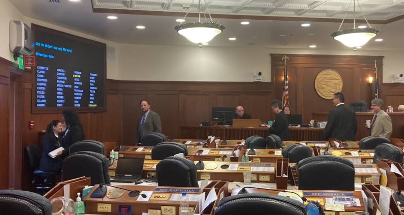 Members of the Alaska House Republican minority caucus leave the floor to discuss the wording of an agreement with the mostly Democratic majority to prevent a shutdown of much of state government on June 28, 2021, in the Alaska State Capitol in Juneau. House minority caucus members' votes have been at the center of debates on how and at what level to fund permanent fund dividends and other programs. (Photo by Andrew Kitchenman/KTOO and Alaska Public Media)