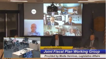 The members of the Joint Comprehensive Fiscal Plan Working Group listen to Sen. Lyman, D-Bethel, at the bottom center, on July 7, 2021, in the Anchorage Legislative Information Office. The group held its first meeting. (Gavel Alaska screen capture)