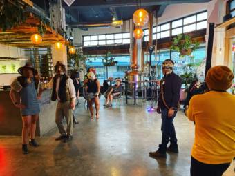 Behind the scenes at Amalga Distillery where Qacung Stephen Blanchett and Air Jazz (Arias Hoyle) film the video for "On That Day" in Juneau, Alaska. (Photo courtesy Joy Demmert)