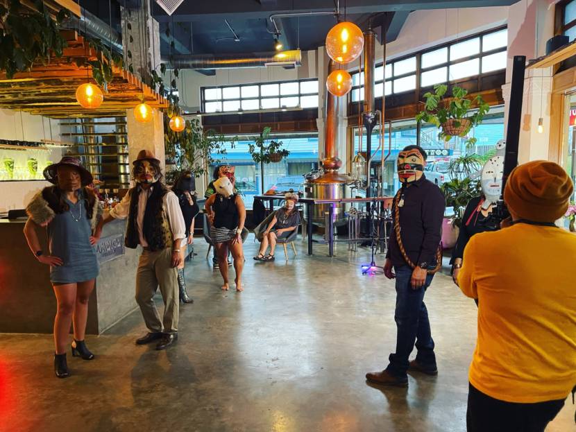 Behind the scenes at Amalga Distillery where Qacung Stephen Blanchett and Air Jazz (Arias Hoyle) film the video for "On That Day" in Juneau, Alaska. (Photo courtesy Joy Demmert) 