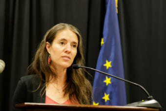 Alaska Chief Medical Officer Dr. Anne Zink discusses the state of the coronavirus pandemic during a news conference at the Atwood Building in Anchorage on Thursday, Aug. 26, 2021. (Matthew Faubion / Alaska Public Media)