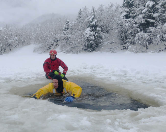 Matt Miller was recording audio for a story on ice self-rescue techniques when he was challenged to put on a dry suit and try it himself. 