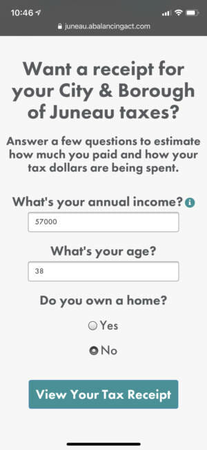 This screenshot shows an example of what it looks like when a resident enters their information into the Balancing Act tax tool. 