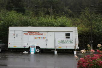 A white camper trailer used for COVID testing
