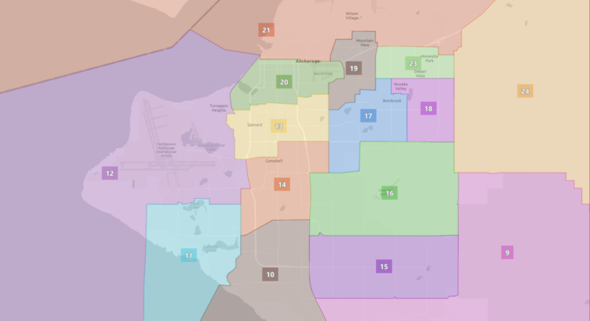 The Alaska Redistricting Board adopted this map for the Anchorage districts in the House of Representatives on. Board member Nicole Borromeo drew the Anchorage map. The board also voted 4-1 to adopt a statewide House map on Nov. 5, 2021. The numbers may be changed on Monday. (Screen capture of Alaska Board of Elections website)
