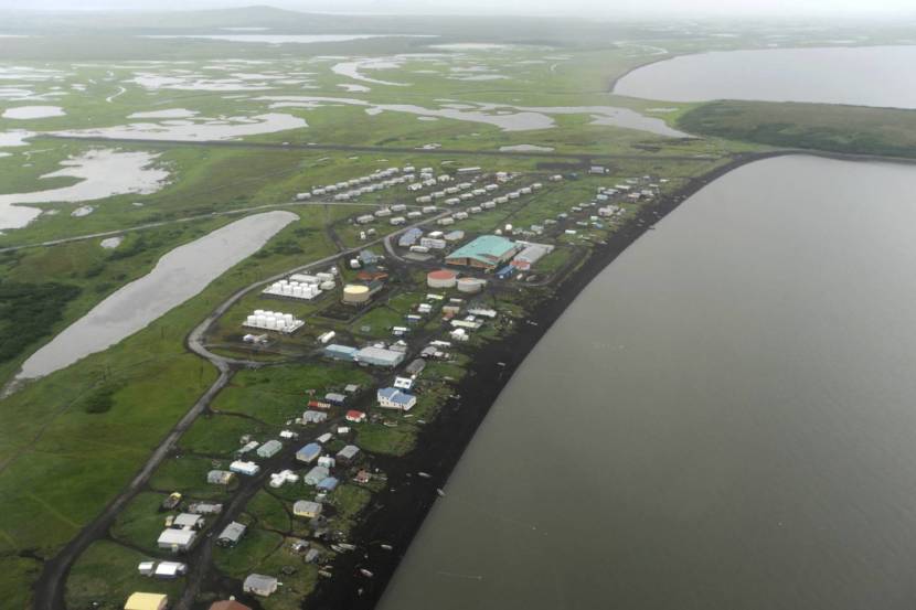 An aerial view of Stebbins and the Bering Sea coast