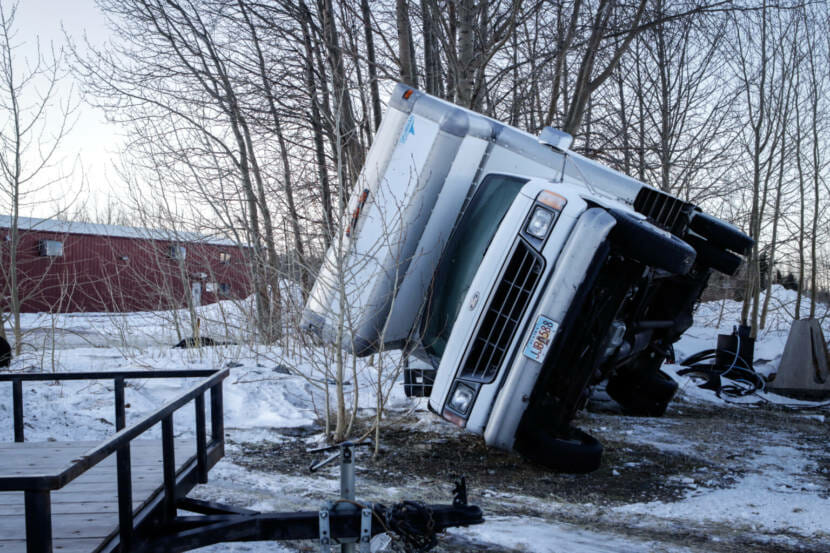 A box van lying on its side