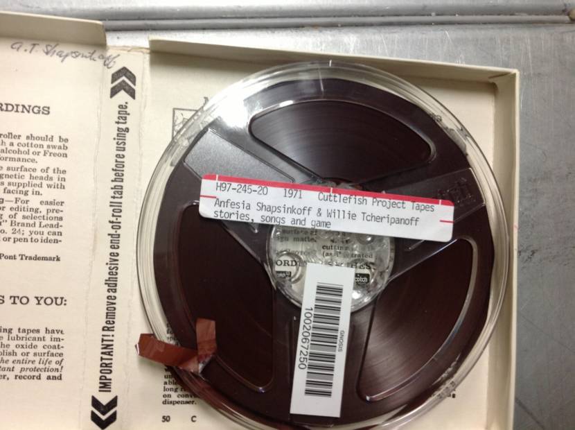 A total of 59 audio reels were saved from the Cuttlefish project. On them are things like teachings from elder Bill Tcheripanoff in September of 1977 who was recorded talking to Unalaska students about an ulux̂tax̂, an Unangax̂ skin-on-frame sea kayak. (Photo courtesy Leslie McCartney)