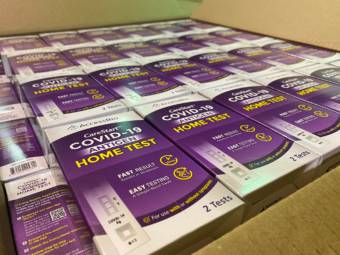 Juneau received 26,000 of these home test kits for COVID-19 on Jan. 19, 2022. Local families pick up two kits for free. (Photo courtesy of City and Borough of Juneau)