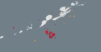 A map showing the locations of earthquakes south of Nikolski