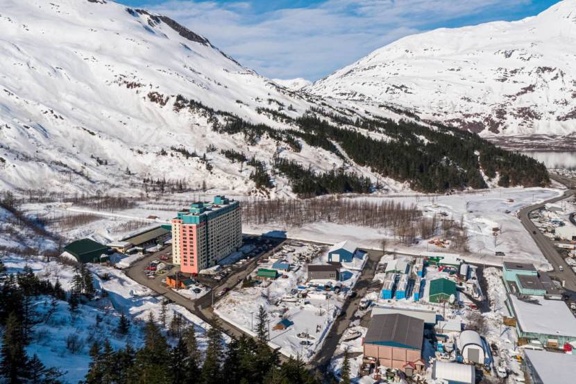 A view of Whittier from above, with a large apartment building most prominently shown