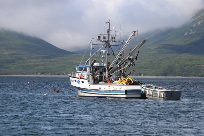 A fishing boat anchored offshore
