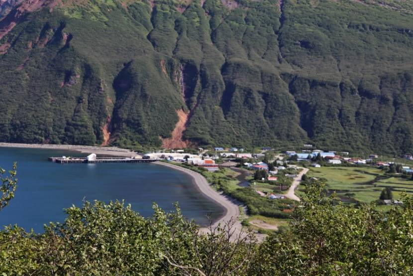 A view from above of a village on a bay