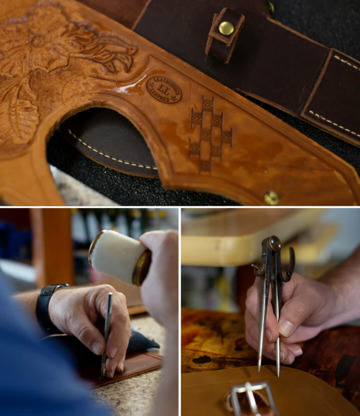 photos of leatherwork and leather stamping tools