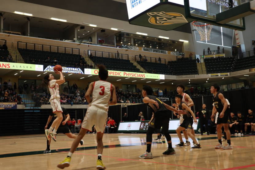 A high school basketball game in progress