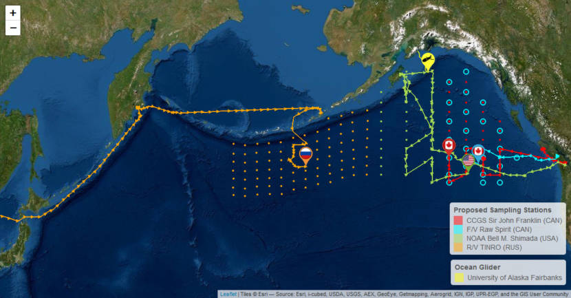 A map of the North Pacific showing the present locations of research vessels
