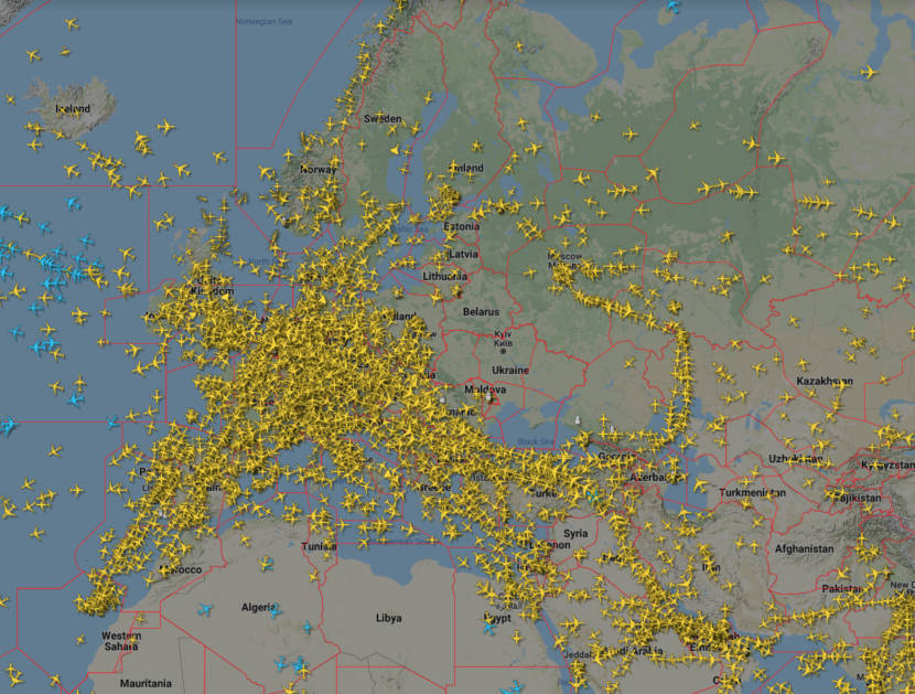 A map showing air traffic over Europe, with the airspace over Ukraine empty