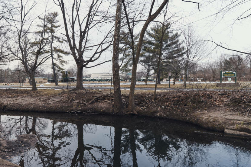 A small stream running near a school