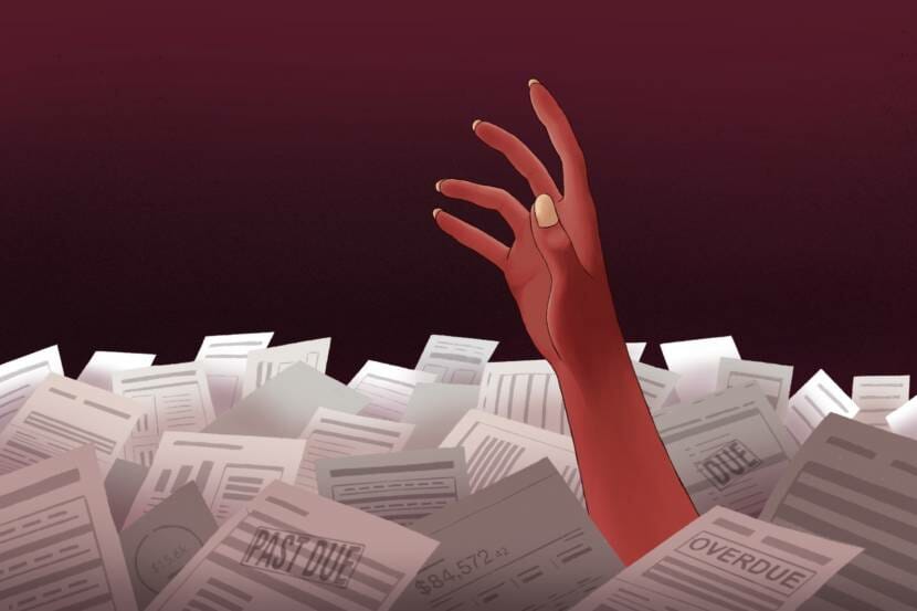 An illustration of a hand reaching out of a pile of bills