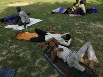 People lie on the ground in the shade of a large tree