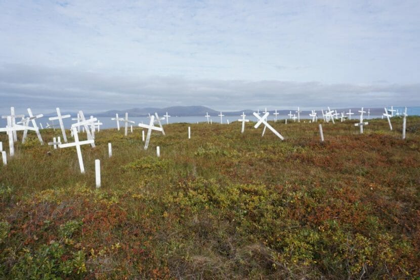 White, wooden crosses at a cemetery, many of them leaning