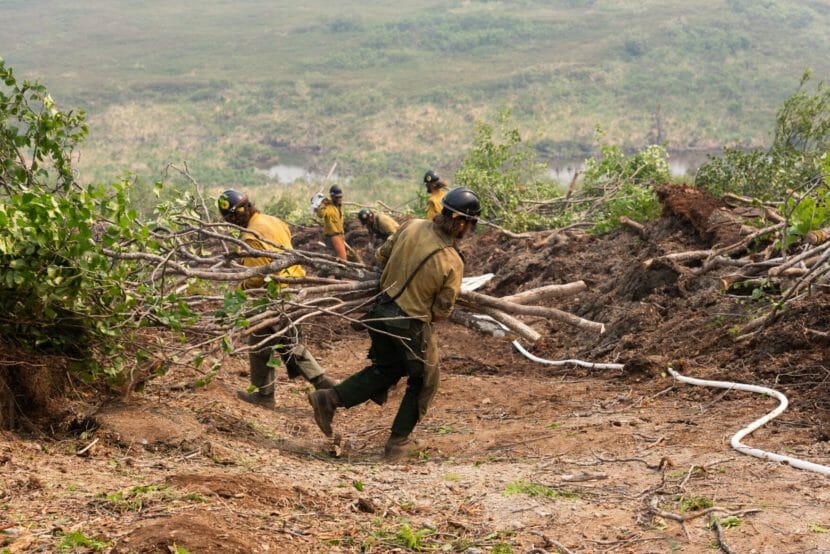 Firefighters clear wood from a firebreak