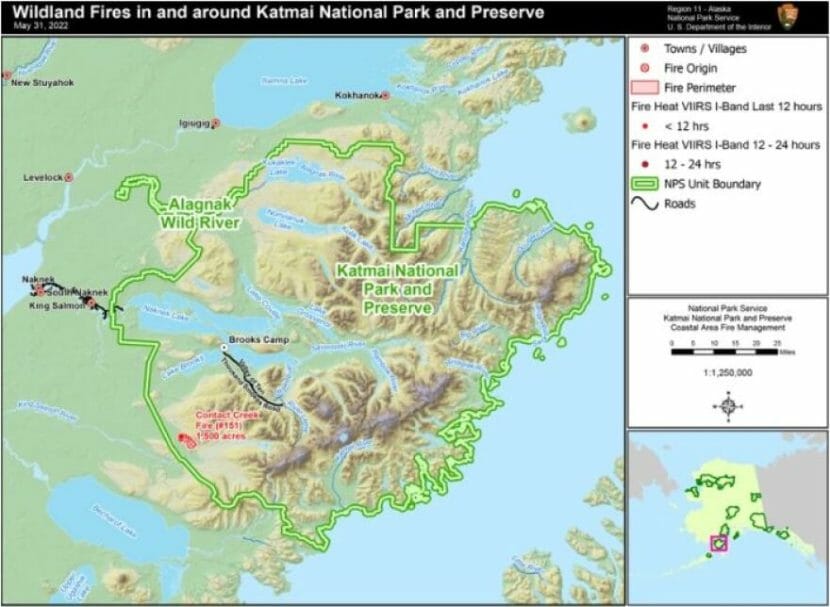 A map of Katmai National Park showing the location of the fire