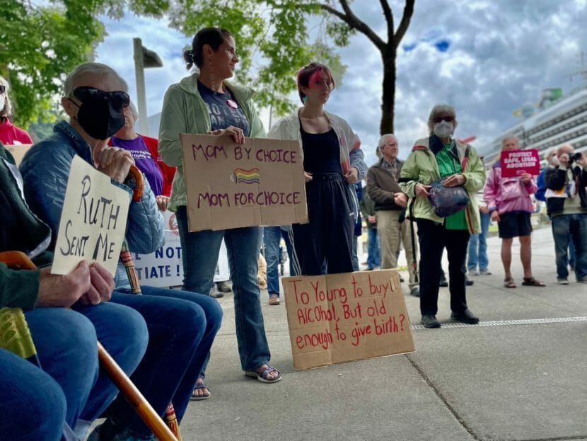 Demonstrators holding signs in support of abortion rights, with a cruise ship in the background