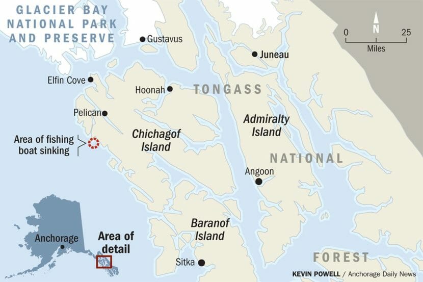 A map of Southeast Alaska showing the area of the sinking