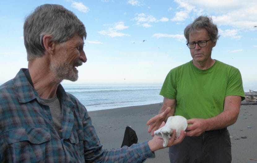 On a beach, one man hands another man a bone