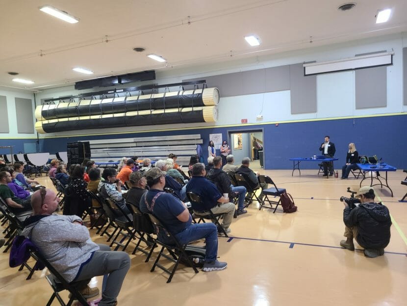 A public meeting in a gymnasium