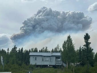 Wildfire smoke rising behind a house surrounded by trees.