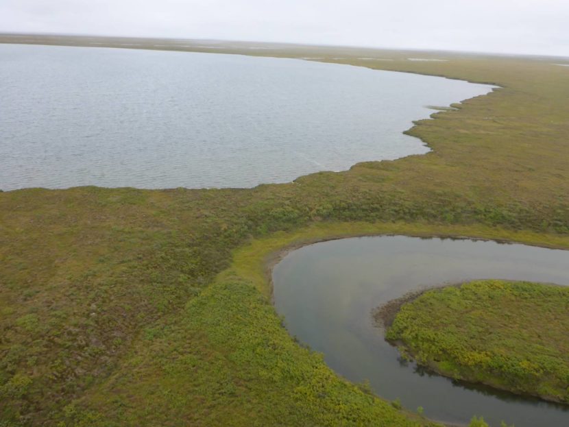 A creeks meander cutting very close to the shore of a lake