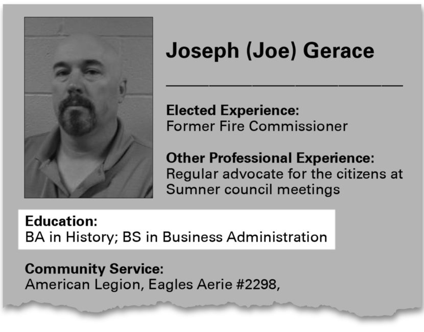 Screenshot from a voter guide with a black and white photo of a bald man with a goatee and mustache. The education section is highlighted.