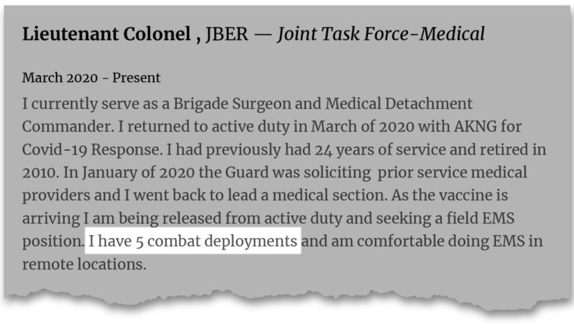 Screenshot of a document with the words "I have 5 combat deployments" highlighted