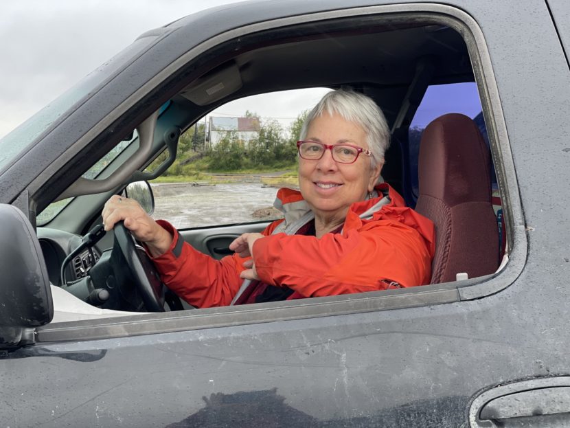 A woman sitting in the cab of a truck