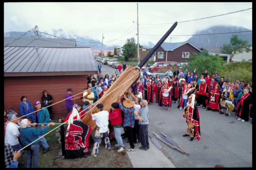 A pole raising in a village