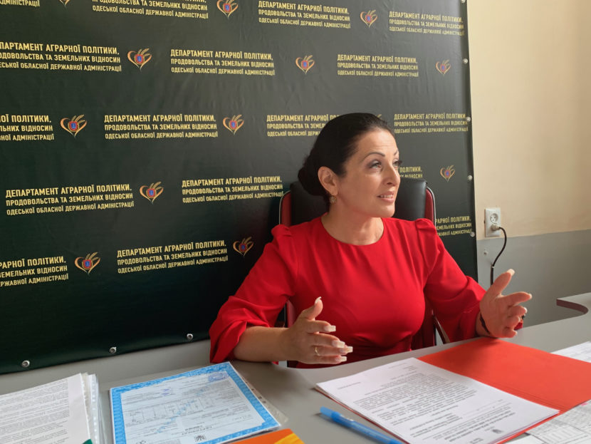 A woman gesticulating as she speaks from behind a desk