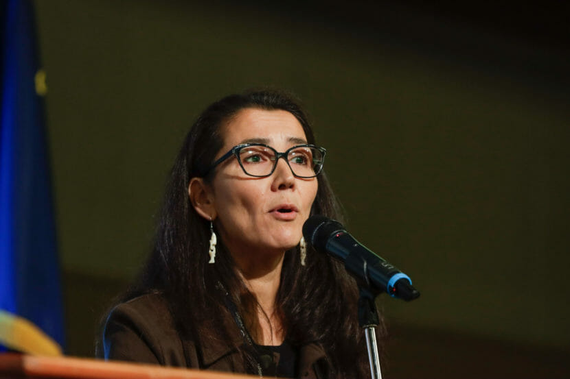 Mary Peltola speaking into a microphone