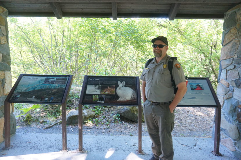 A pavilion with educational signs about a glacier, but its view is of a mass of saplings