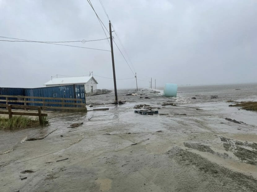 Debris strewn along a flooded shoreline